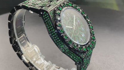 Reloj diamantes de hielo verde, cuarzo, puntero de luz nocturna de lujo, no resistente al agua, pantalla de calendario, caja de aleación de zinc, pulsera de aleación de zinc, movimiento electrónico